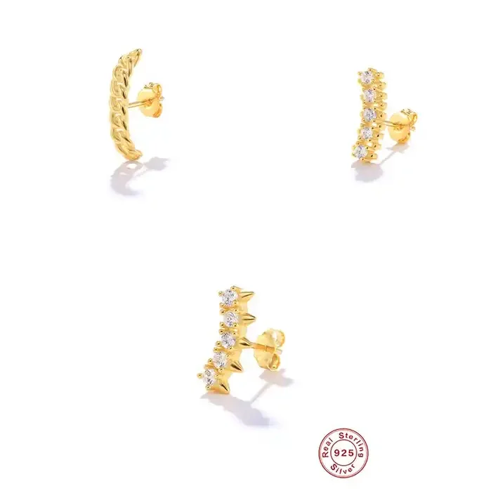 

Punk Style Zircon Curved Earrings Gold 925 Sterling Silver Zircon Curved Stud Earring