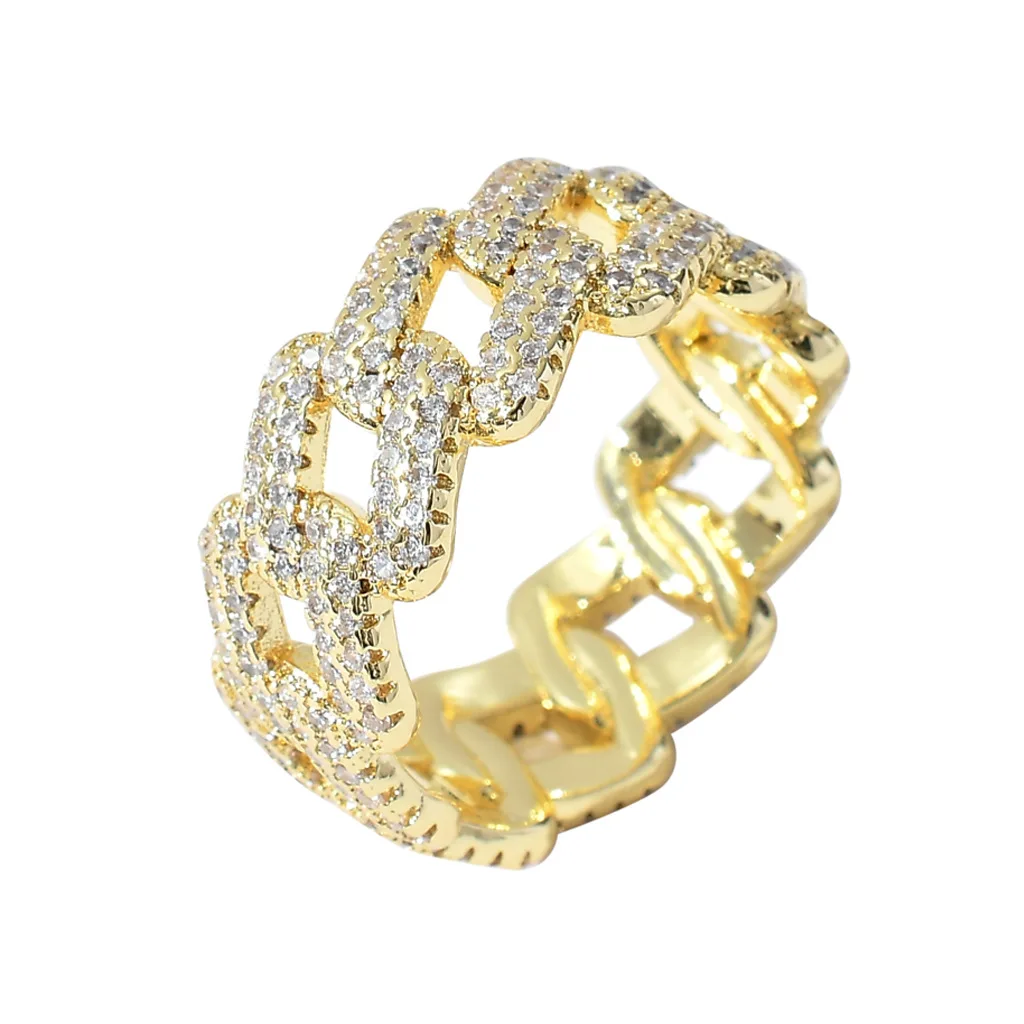 

Fashion Hip Hops Real Gold Plated Zircon Ring New Arrival Trendy Micro Inlaid Cubic Zirconia Cuban Chain Rings For Men