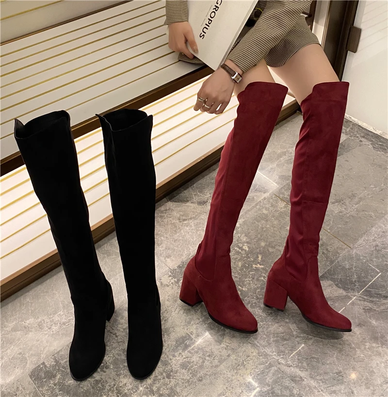 

Small over knee boots women's 2021 autumn and winter British wine red high heels thick heel suede anti slip elastic thin boots