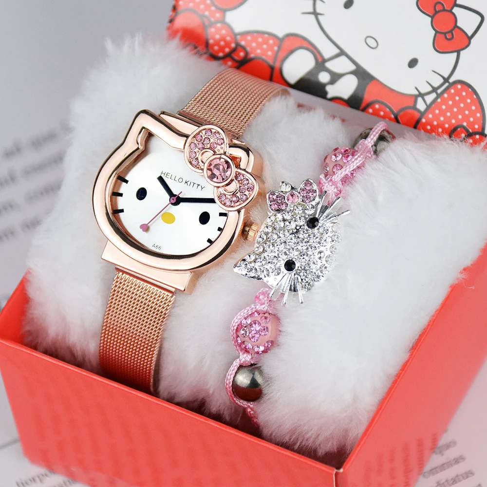

2020 new children watches stainless steel strap watch + KT cat box + pink bracelet set kids birthday gift student watch, Gold