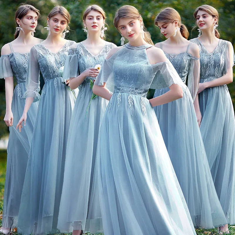 

vestido de novia corsllt elegant blue v neck lace bridesmaid wedding dresses, Blue, gray, beige