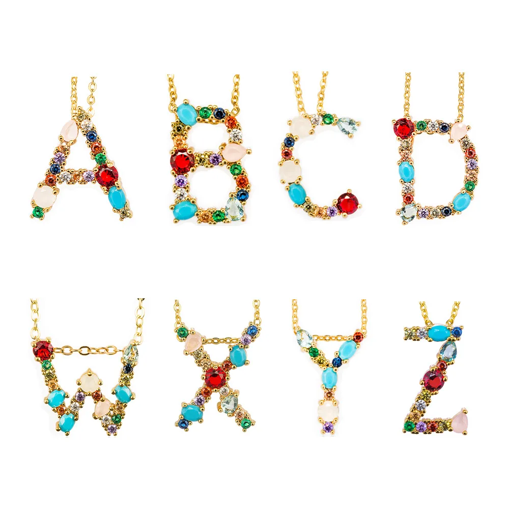 

Korean Fashion Gold Plated Adjustable Link Chain Colorful Crystal Alphabet A-Z Capital Initial Letter Collar Pendant Necklaces