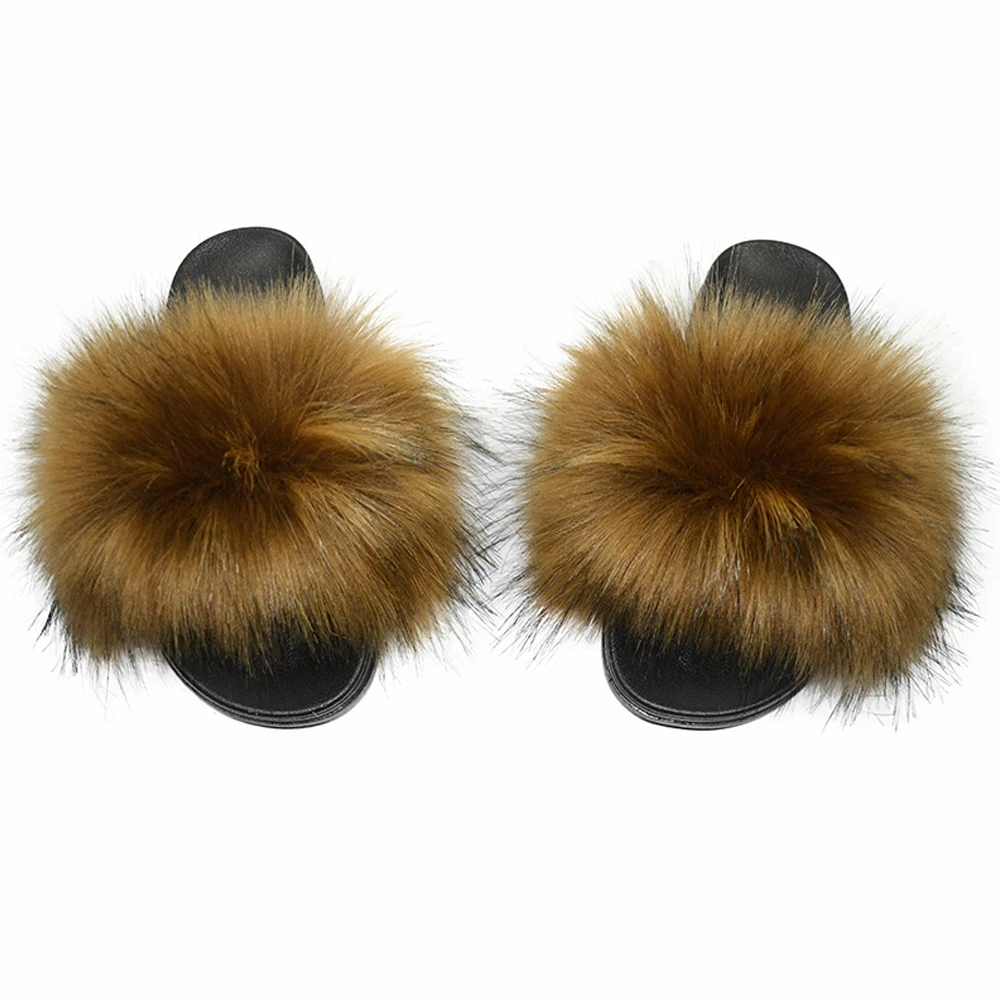 

2021 New big faux Fur slippers sandals for adult kids baby mom and me fur slides