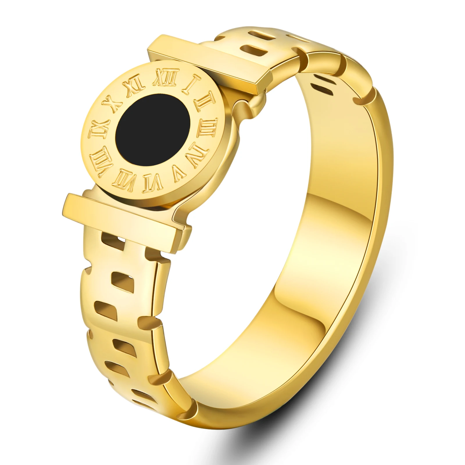 

Fashion non tarnish rings Women's Titanium steel hollow letter ring, Gold./black