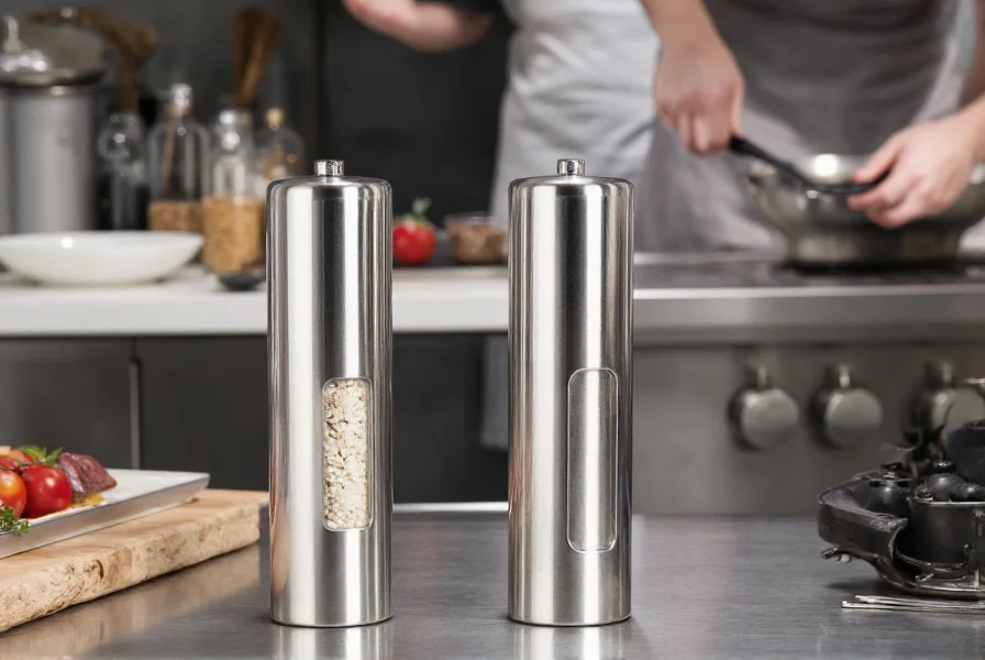 Chef's collection of professional salt and pepper grinders on stainless steel kitchen surface