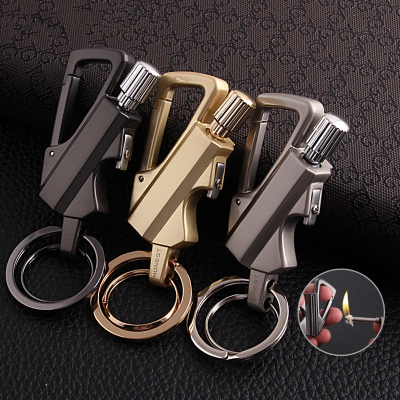 

Wholesale metal honest keychain bottle opener llavero encendedor keychain lighter match Emergency Survival Gear keychain lighter