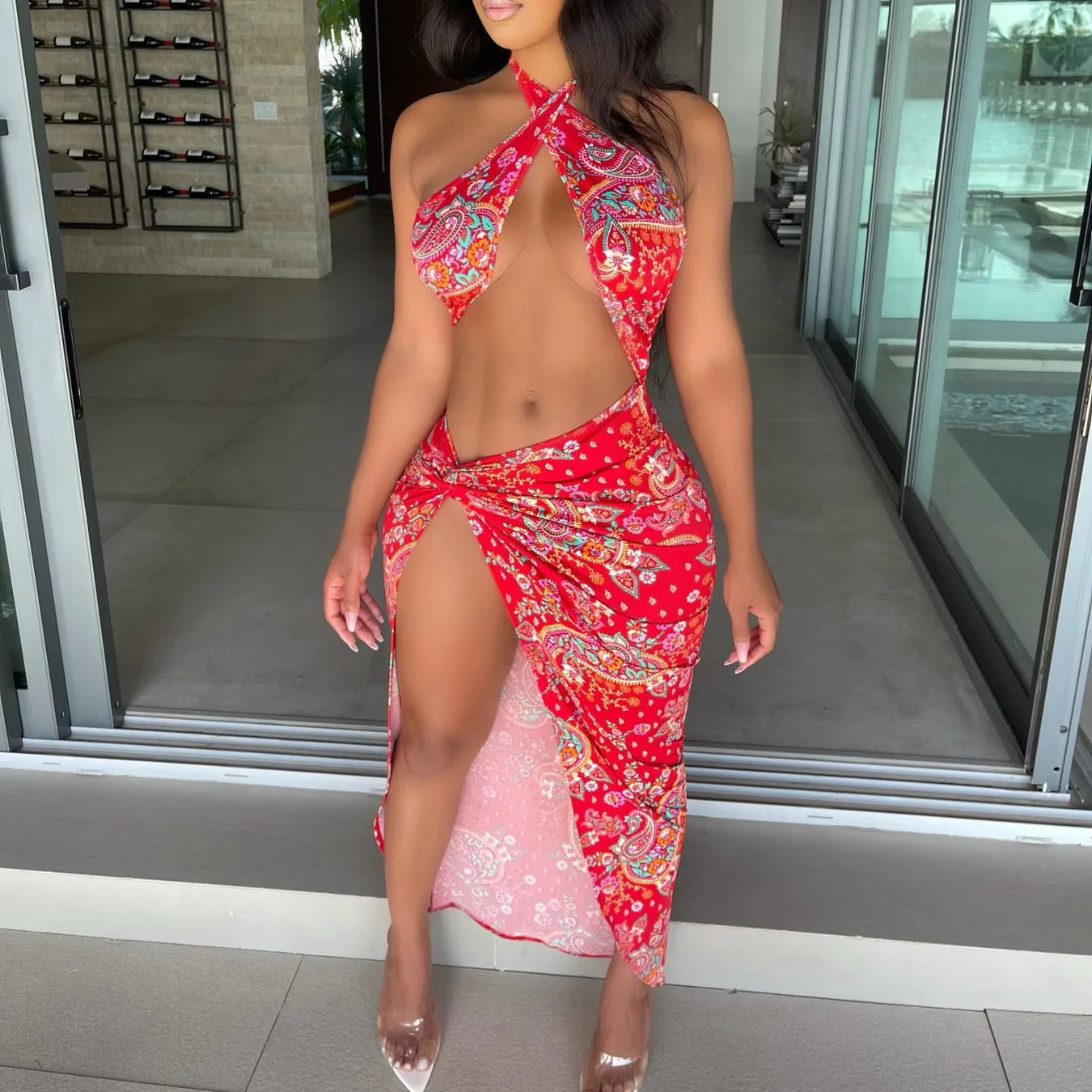 

FS3279D Sexy print Dresses for Women Party Night Club Outfits Cut Out Halter Backless Long Dress