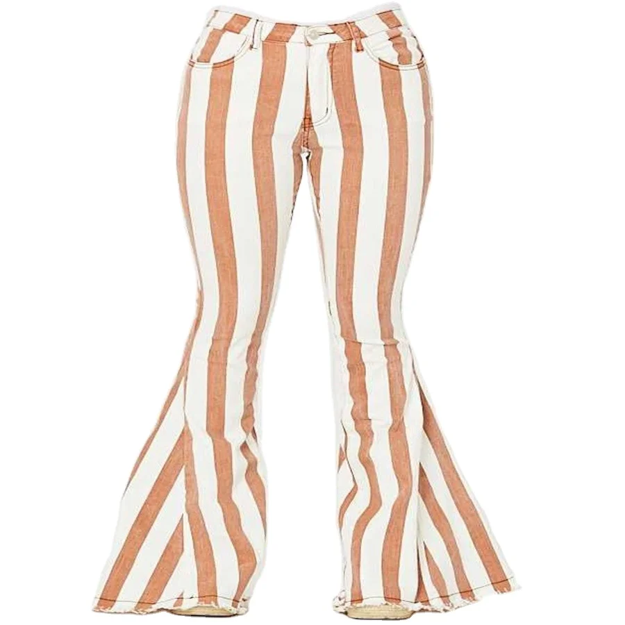 

Latest vertical striped pattern design Women striped high waisted wide Leg culottes orange Striped ladies bell-bottom trousers