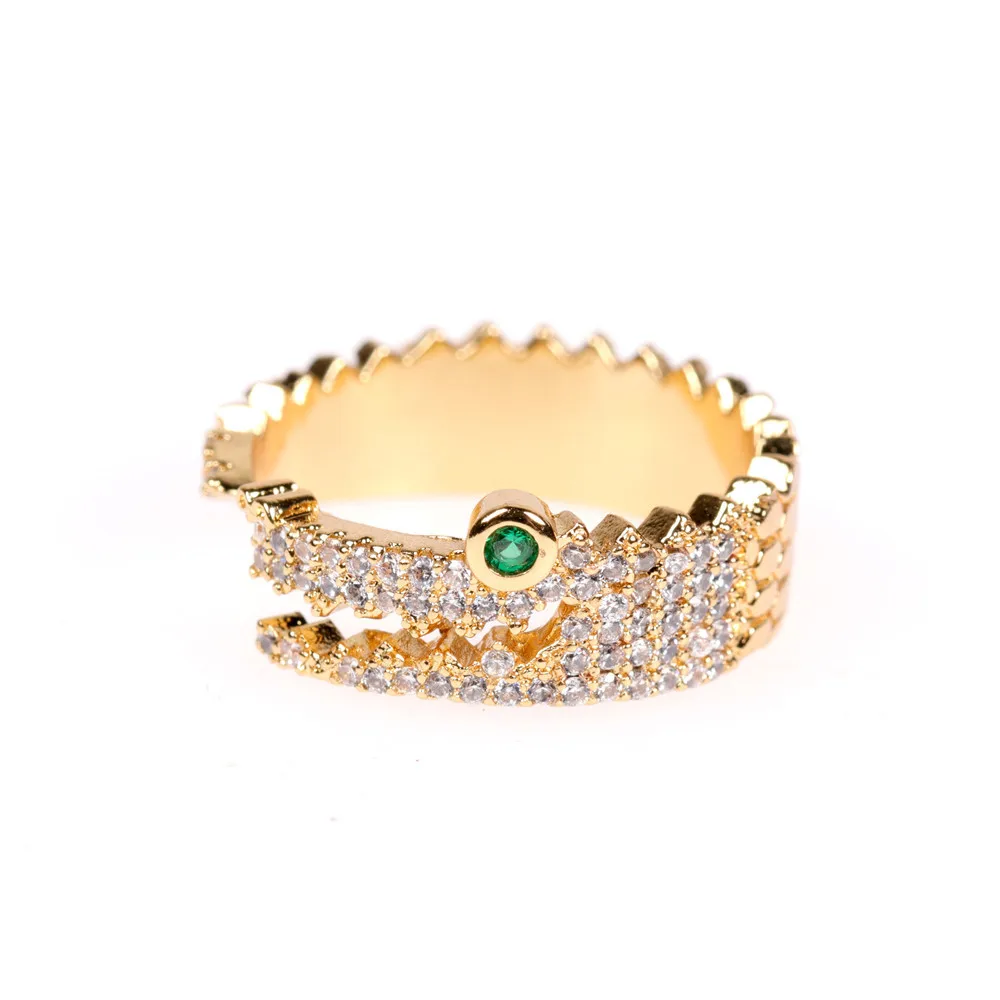 

Ins Fashion Gold Plated Green Eye Crocodile Crystal Open Rings Adjustable Alligator Cubic Zircon Open Rings