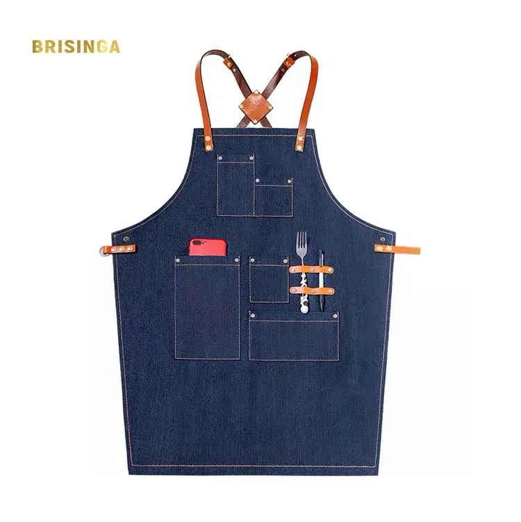 

New blue black sexy kitchen apron with pockets jeans barista apron leather straps, Black/blue