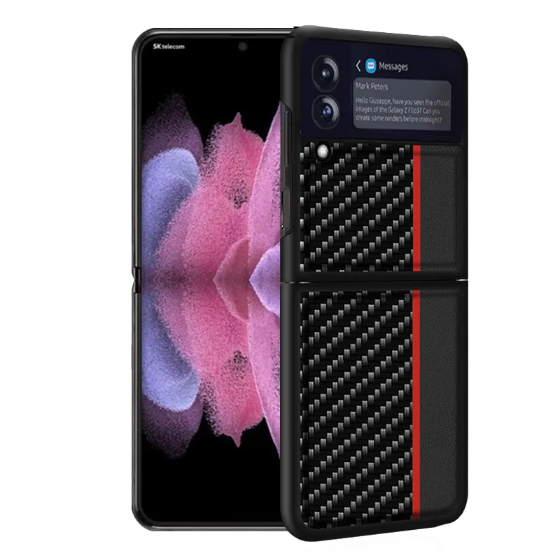 

3D Carbon Fiber Texture Hard PC PU Leather Phone Case for Samsung Galaxy Z Flip 3 5G Light Weight Mobile Back Cover