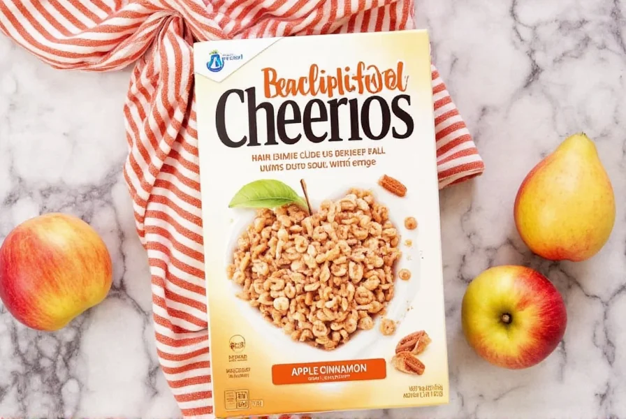 Close-up of Apple Cinnamon Cheerios in a white bowl with milk showing the distinctive O-shape and golden-brown color