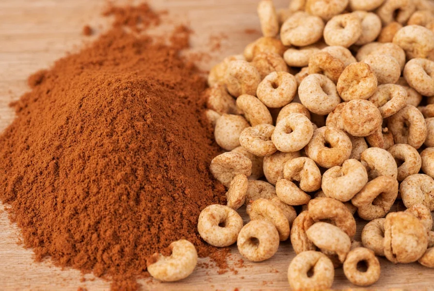 Close-up of ground cinnamon versus whole cinnamon sticks next to popular cinnamon-flavored cereals