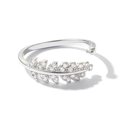 Wholesale Vintage Style 925 Silver Open Leaf Finger Rings for Women Trendy Fashion Jewelry with Zircon