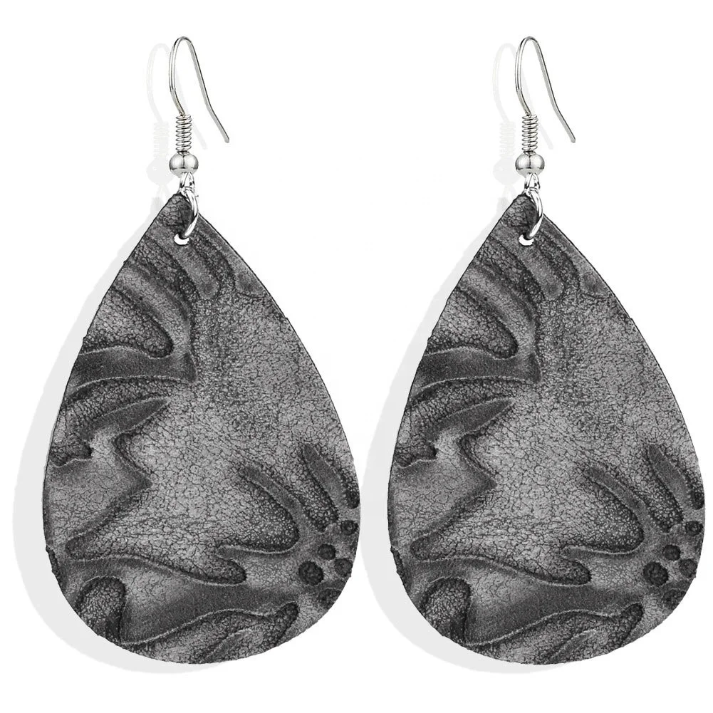 

Europe and American hot style water drop reversible PU retro embossed leather earrings, Picture shows