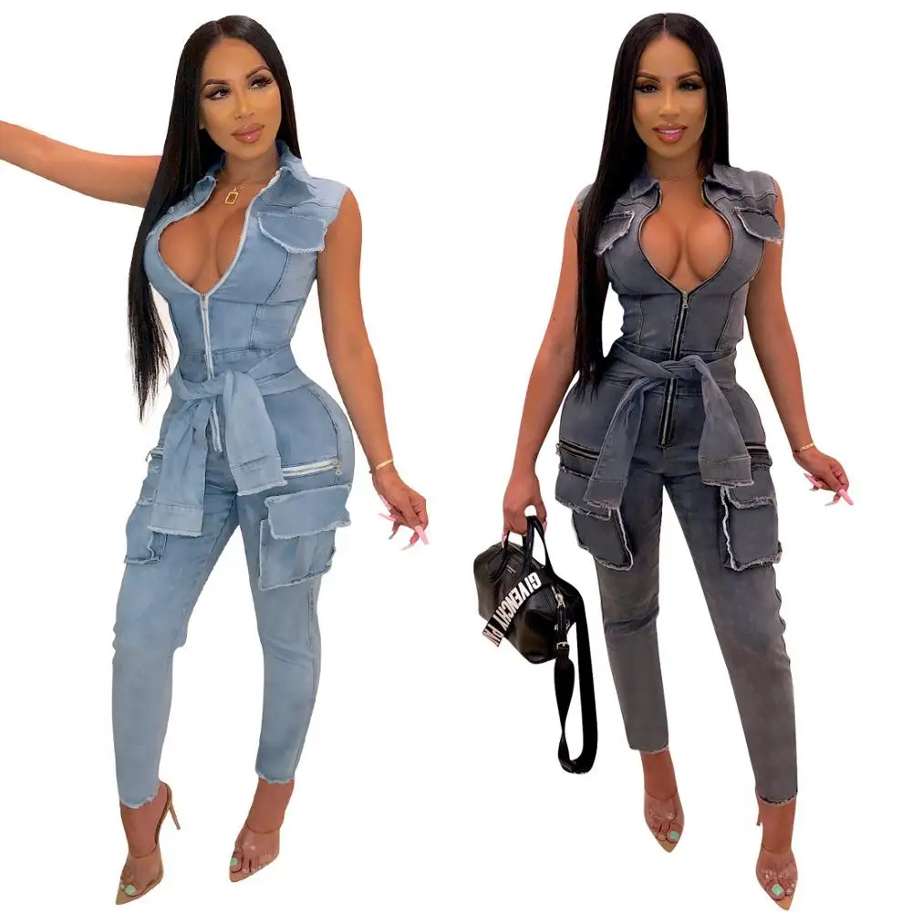 

Side pocket zippers sexy denim pants washed jean jumpsuits for women jeans