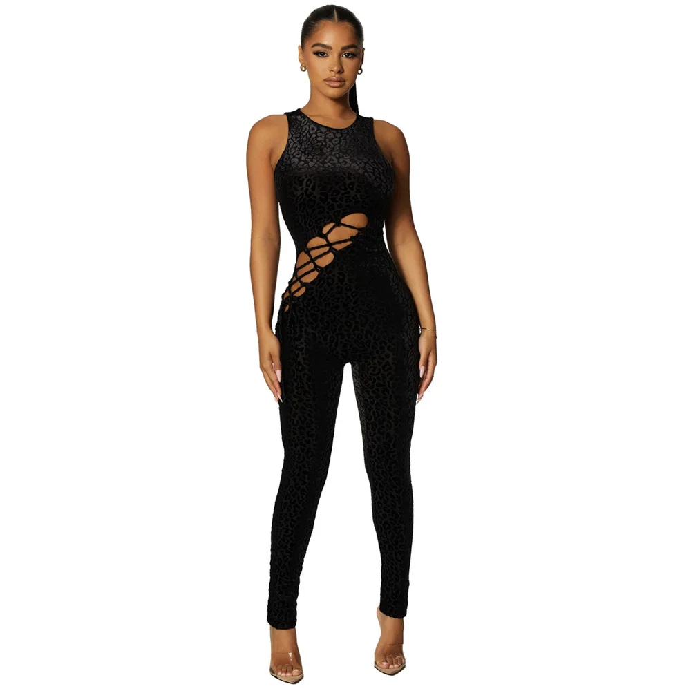 

6248 Women New Jumpsuit 2021 High Quality Polyester Sexy Hollow Out Ladies Sleeveless Playsuit Women Clothes, Picture color