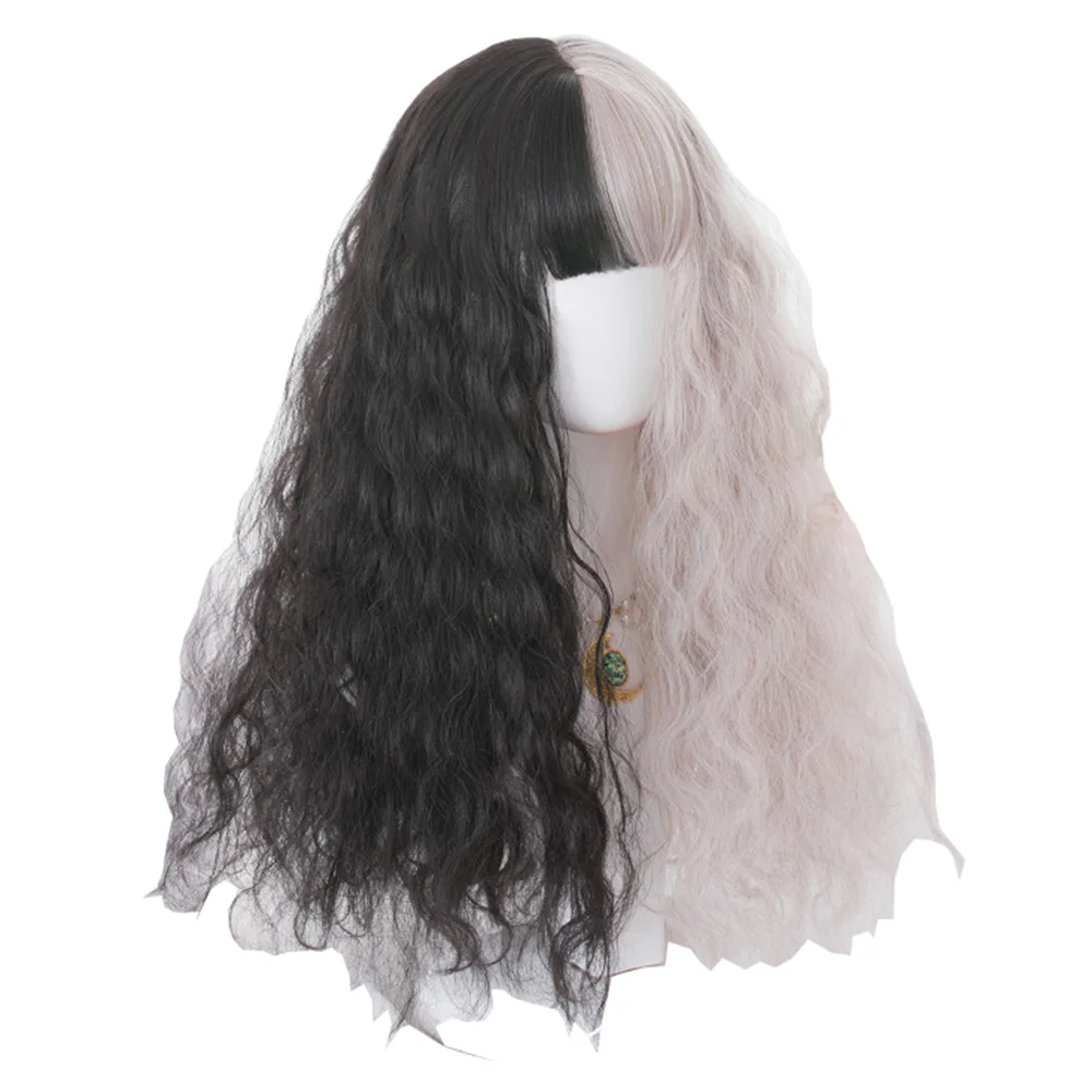 

Long Double Color Milk Tea and Black Curly Straight Hair Wig Japanese Rooming Face Lolita Synthetic Female Cosplay Wigs, Pic showed