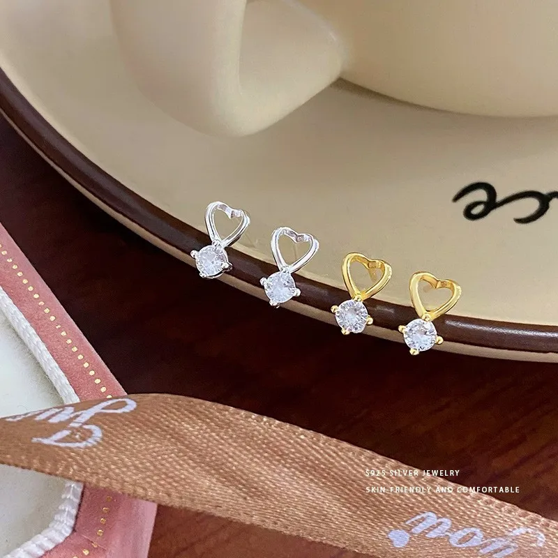 NEW Fashion High Quality Jewelry 925 Sterling Silver Simplicity Heart Diamond Zircon Gold Plated Stud Earring Jewelry for Women