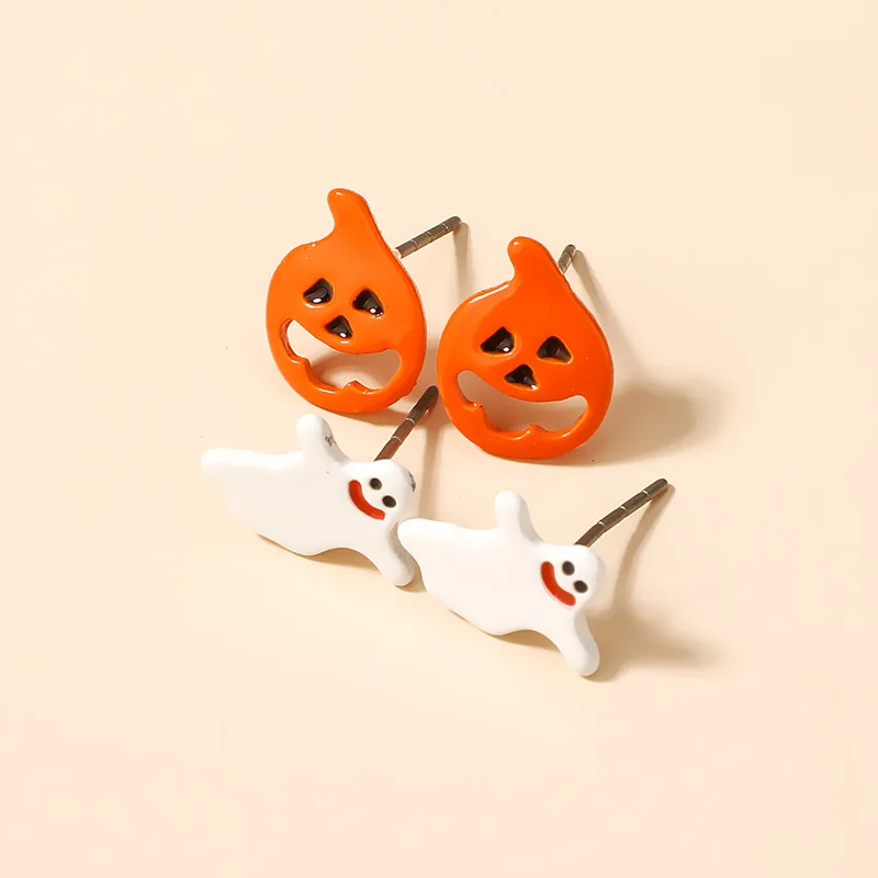 

Hot Selling Creative Design Halloween Earring Pumpkin Ghost Earrings Set For Girl Jewelry Accessories, White and orange