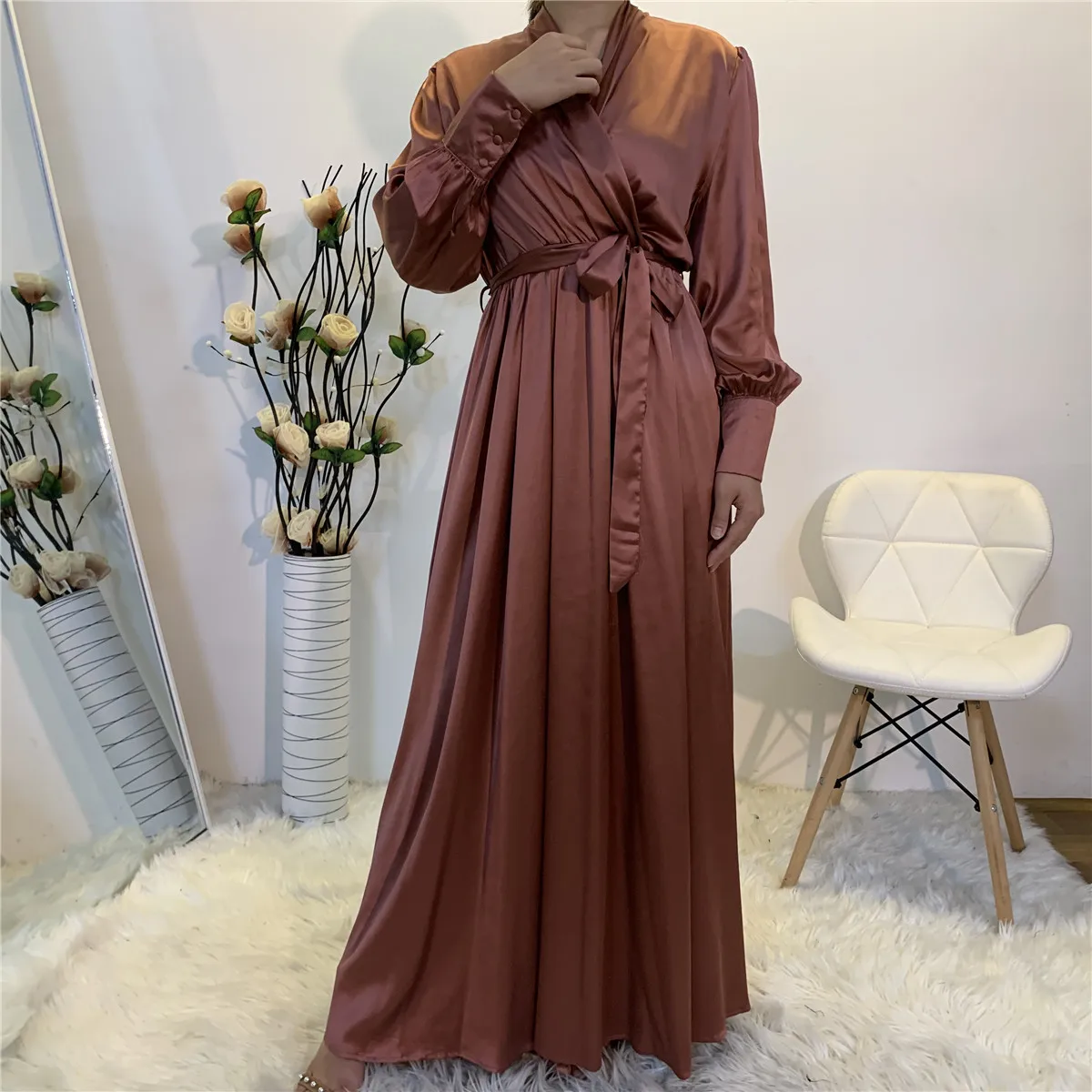 

Women Muslim Abaya Dress Loose Long Sleeves Solid Color Dubai Turkey Islam Clothes Robe Modest Gown Elegance, As pictures