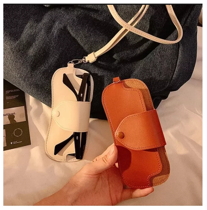 YY Portable Leather Spectacles Holder Ultra-Thin PU Eyewear Pouch Wristlet Strap Hanging Neck Glasses Storage Bag