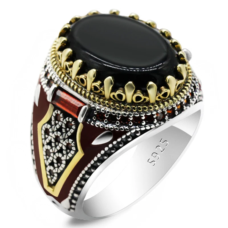 

Turkey Jewelry Men Ring with Black Natural Agate Stone 925 Sterling Silver Vintage King Crown CZ Red Enamel Rings for Male Gift