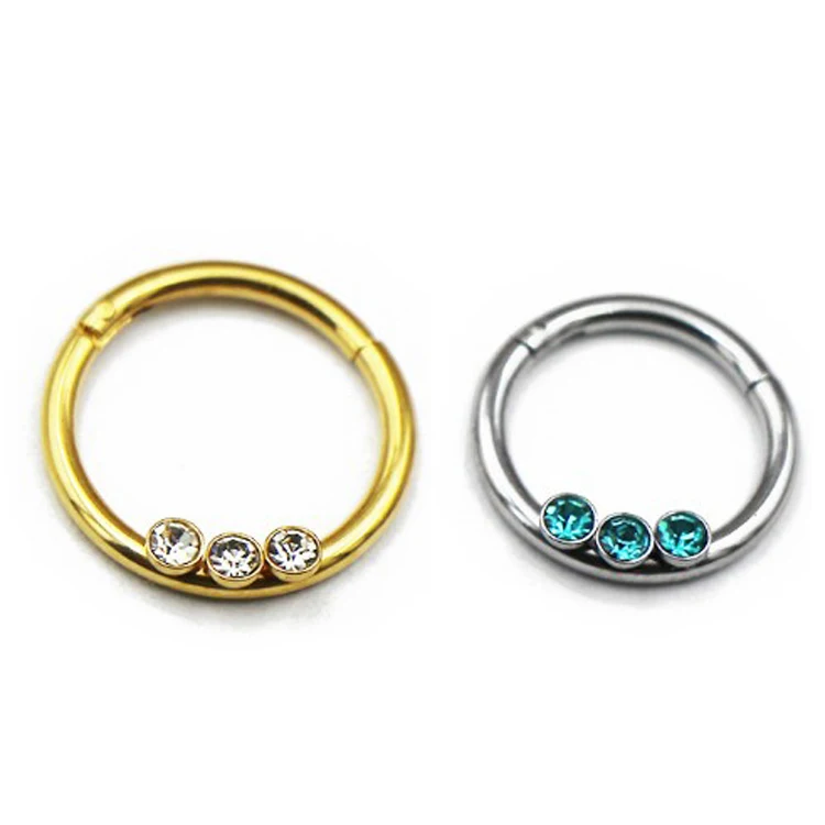 

Low MOQ Surgical Steel Hinged Septum Rings Clicker with Three Bezel Gems