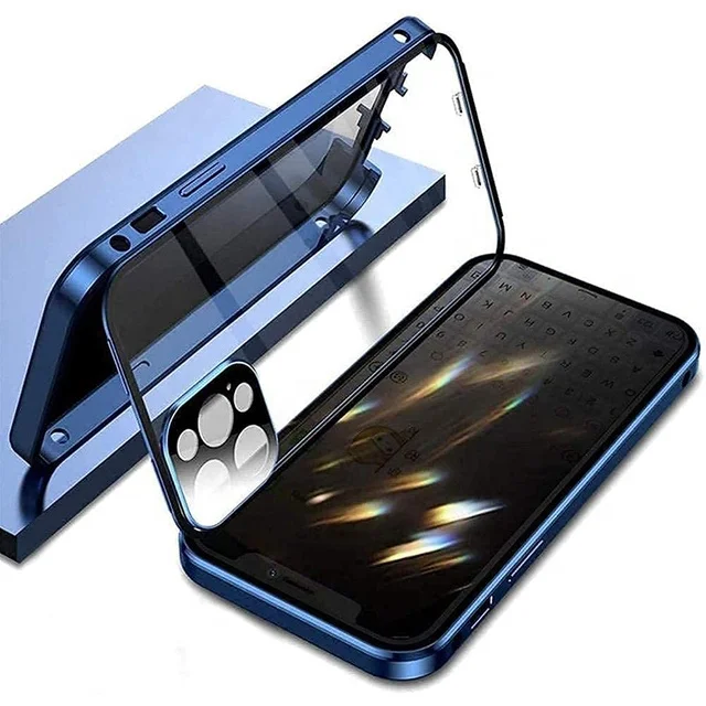

Anti Peep Metal Magnetic Privacy Double sided Buckle cases Tempered Glass Phone Full Body Case For IPhone 11 12 pro 13 mini, Silver/ black /gold/green/blue/red
