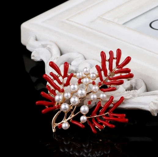 

Maple Leaf Coral Pearl custom hijab designer broches fleur pins brooches set luxury women hijab pins gold jewelry