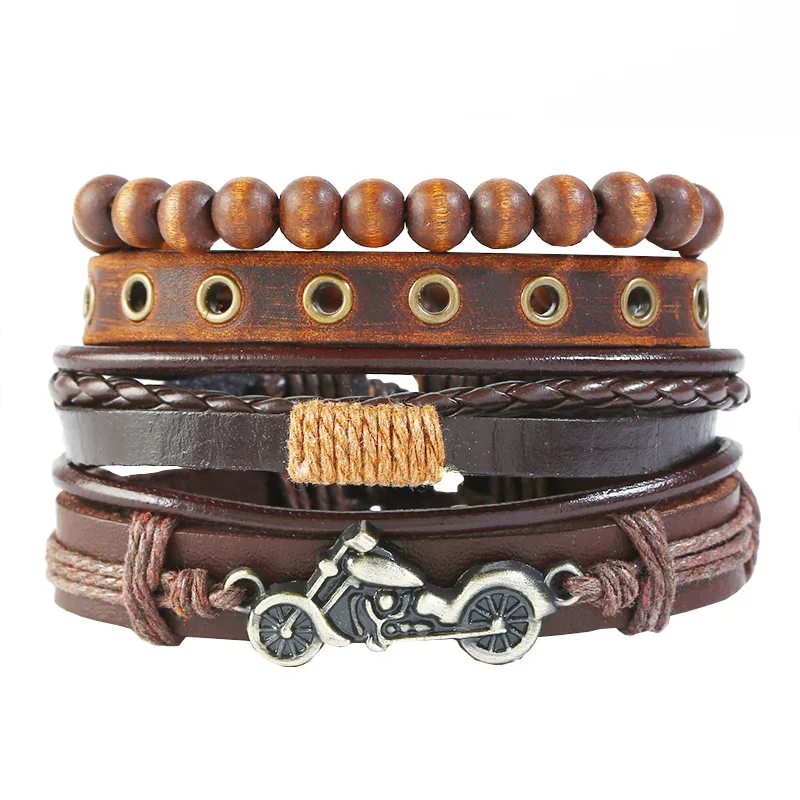 

Personality Charms Vintage Woven Men's Set with DIY wristabands wooden beads motorcycle leather bracelets, Picture shows