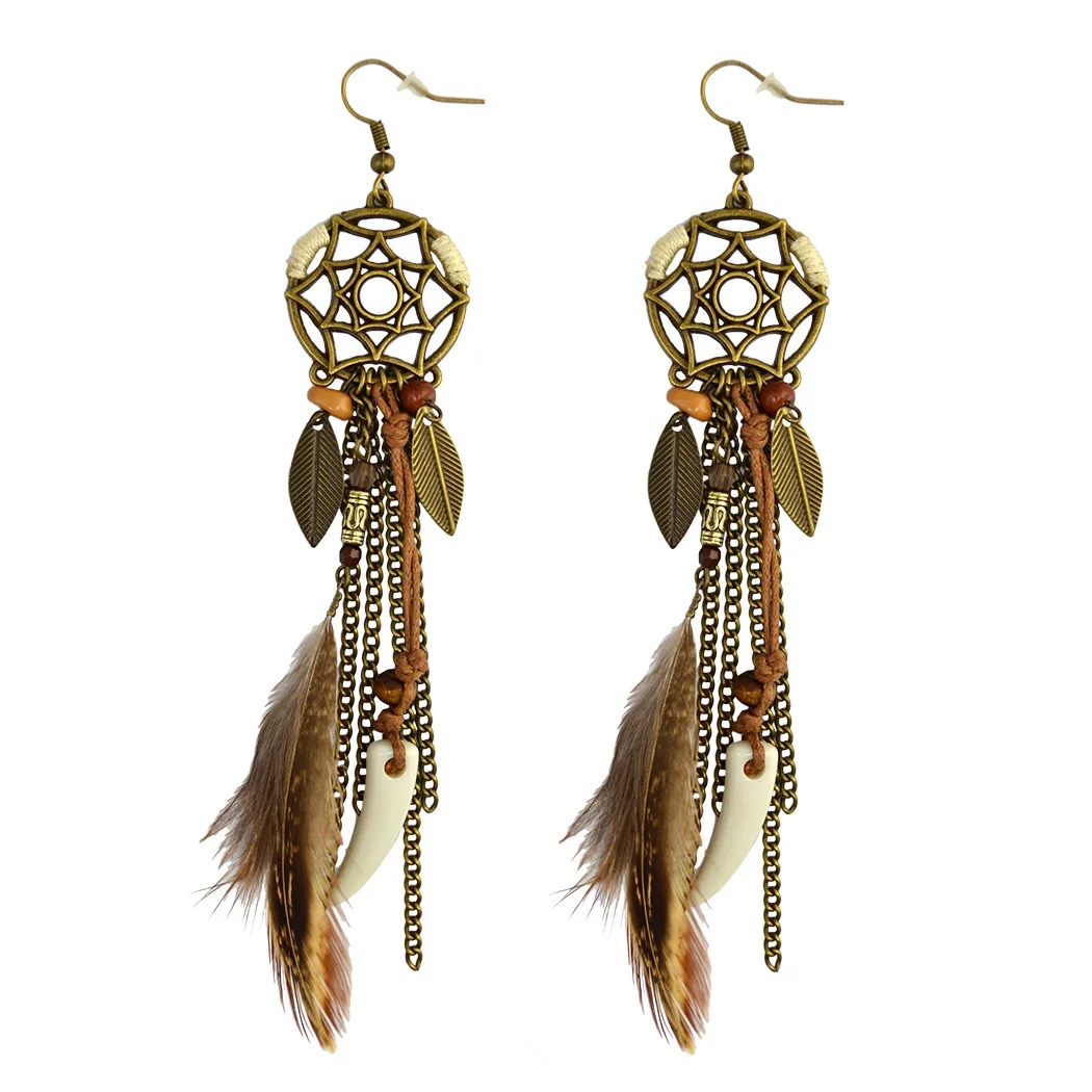 

Bohemian fashion dream catcher earrings female long feather leaf earrings European and American exaggerated earrings jewelry