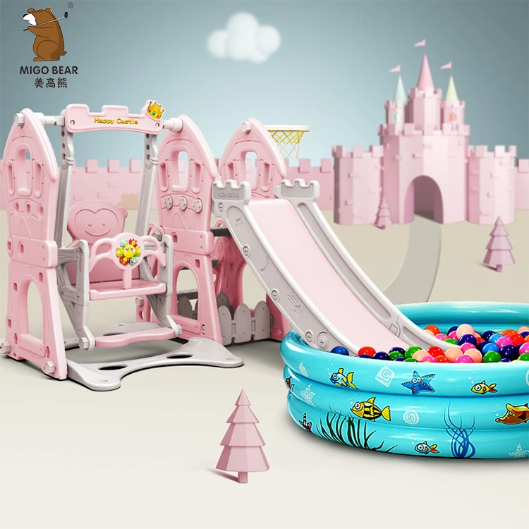 

Multifunctional Plastic Children Indoor Garden Slide With Swing Kids Slide And Swing Set, Green/pink/blue