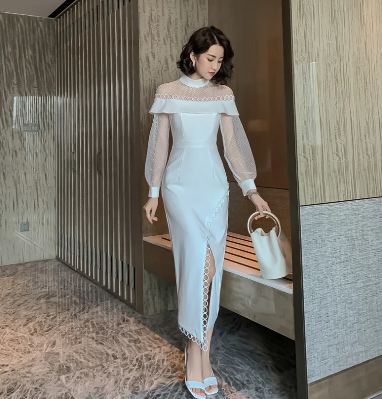 

fashion ladies long sleeved mesh dress women white bodycon dresses for night club