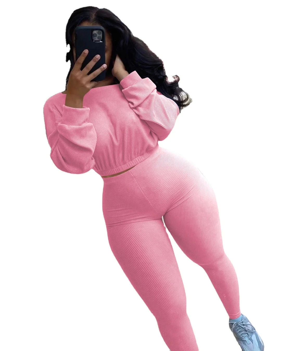 

Plus size women clothing 2021 autumn Wholesale Plus Size Fashion Casual Long Sleeve Solid Color Two Piece Sets For Women, Picture shows