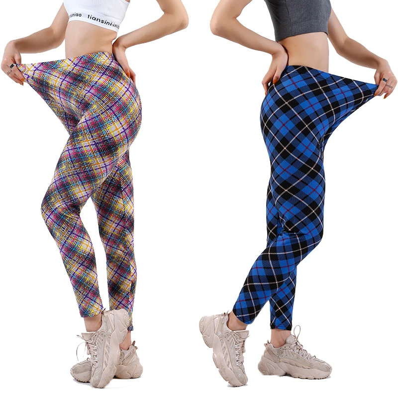 

Geometric Stripes Plaid Print High Elastic Leggings Women Sports Seamless Yoga Pants, Blue, colorful
