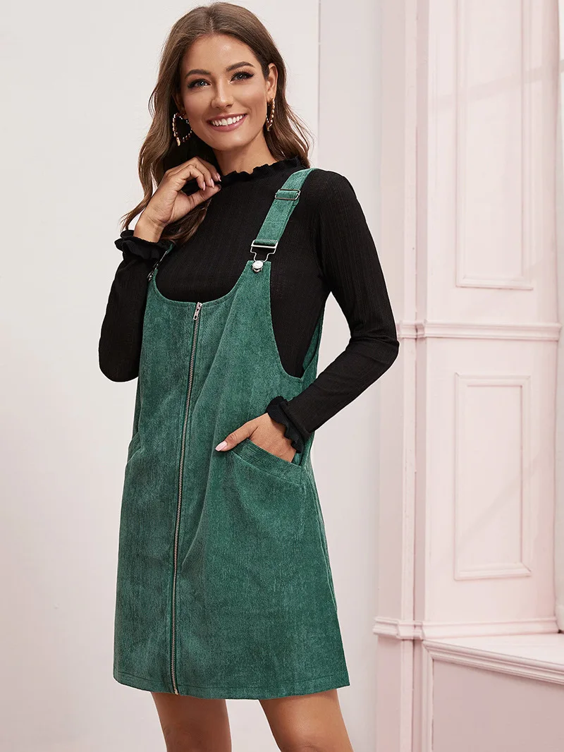 E.JAN1ST Womens Straps A-line Corduroy Suspender Skirt Pinafore Bib Mini Overalls Skirt Dress Pocket
