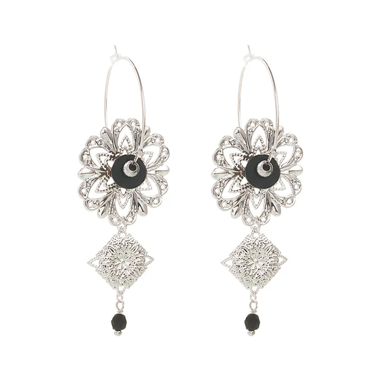 

Sterling silver needle vintage hollow flower shape inlaid semi-precious stone pendant Ear Rings Silver plating earring women, Picture