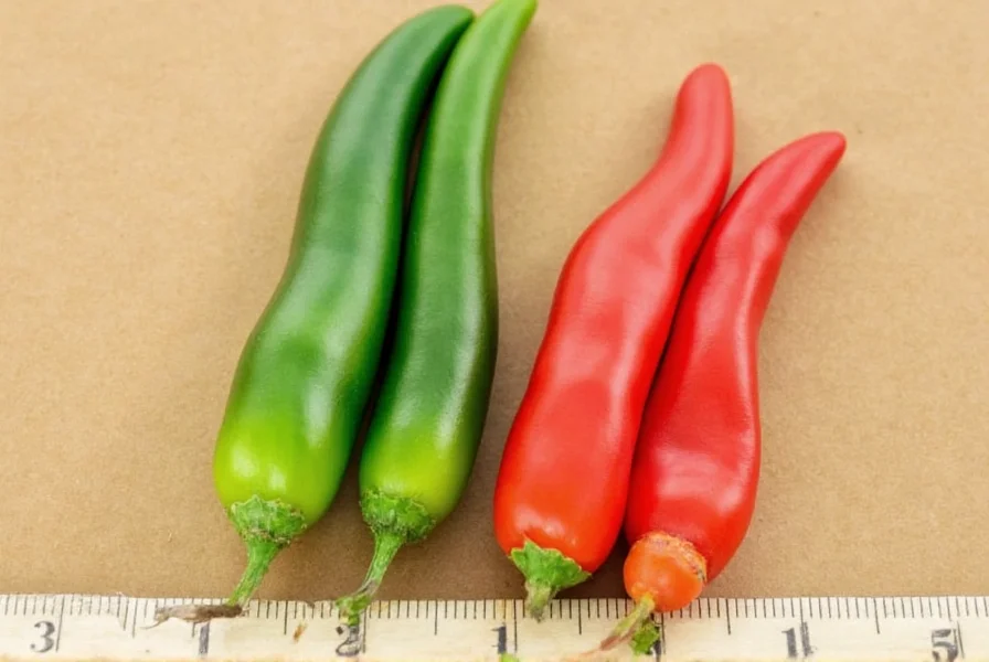 Close-up comparison of green and red serrano chilies next to a standard ruler showing their 1-4 inch length