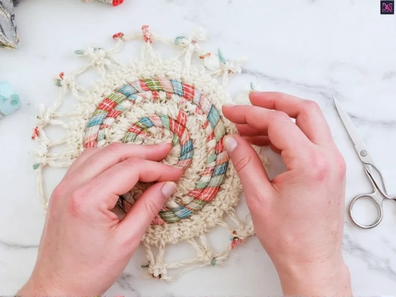 Simple woven coaster project made from recycled fabric strips