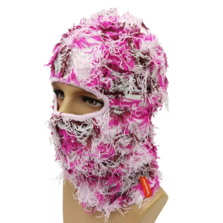 

Wholesale Designer Storm Knitted Distressed Camo Balaclava Ski Mask One Hole Knit Full Face Cover Grassy Balaclava Custom