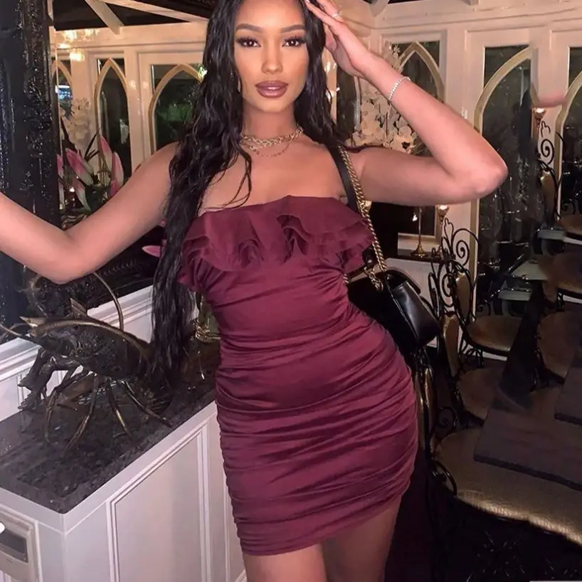 

New Arrivals 2020 Women Fall Clothing Ruched Sleeveless Bodycon Casual Dresses Sexy Solid Color Ruffle Party Dress