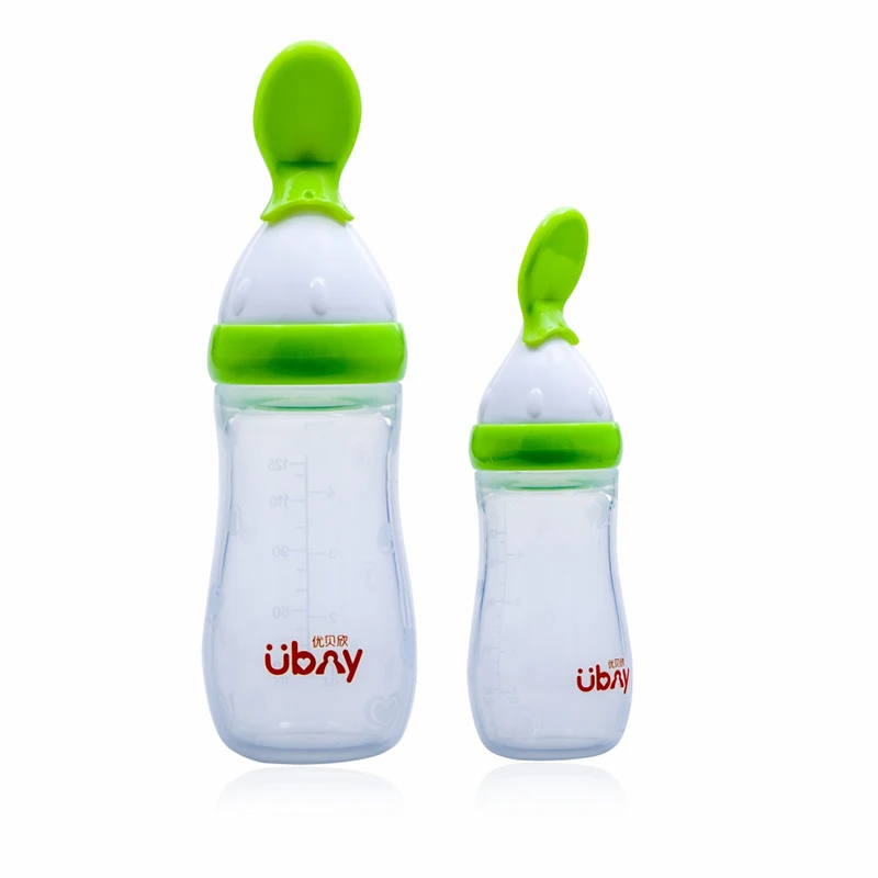 

Silicone Baby Toddler Feeding Bottle Fresh Food Baby Squeeze Spoon Feeder 12pcs 125ml with logo pet box packing, Only green in stock