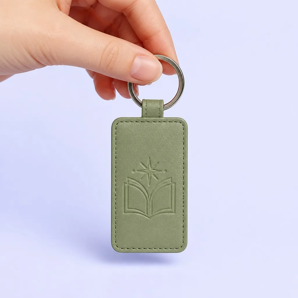Hand holding the olive green leather keychain