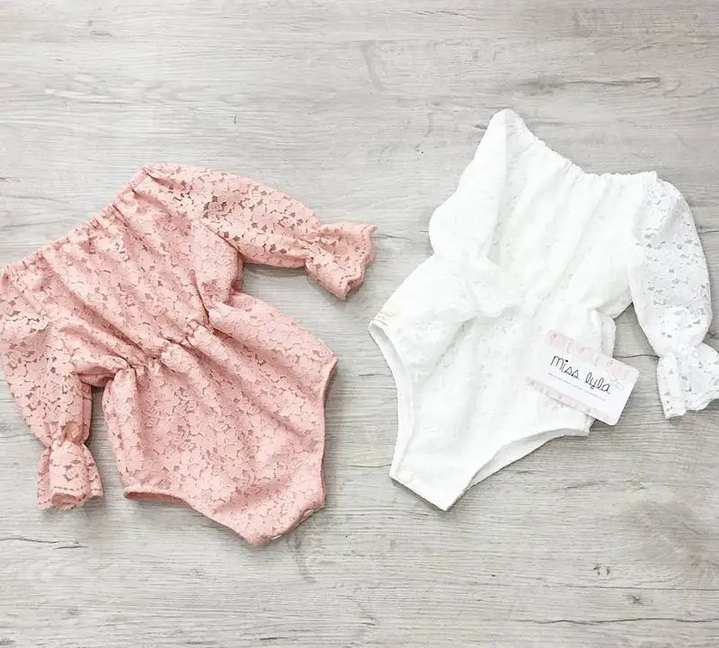 

infant Horn sleeve rompers lace climbing suit crocheted one-piece white pink full lace hollow-out jumpsuit, Picture shows