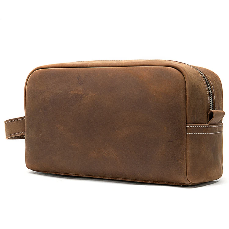 

Ready to ship Retro Vintage Crazy Horse Leather Cosmetic bag Men Wash Bags for business portable, Color can be customized