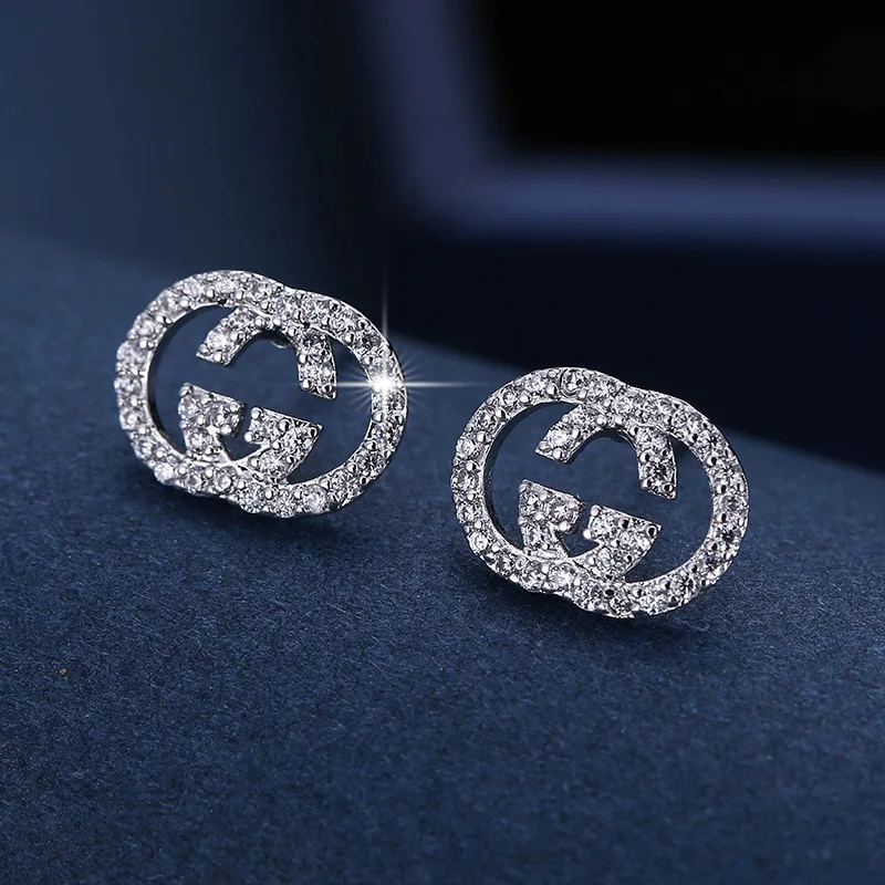

Amazon spot European and American simple fashion earrings metal double letter crystal earrings temperament women's niche earring, Gold, platinum