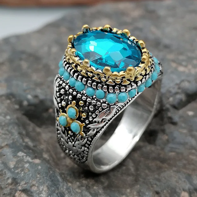 

2022 New Vintage Black Natural Stone Rings Handmade Turkish Signet Ring Punk Diamond Inlaid Turquoise Ring for Men, Green,black,blue,red,purple