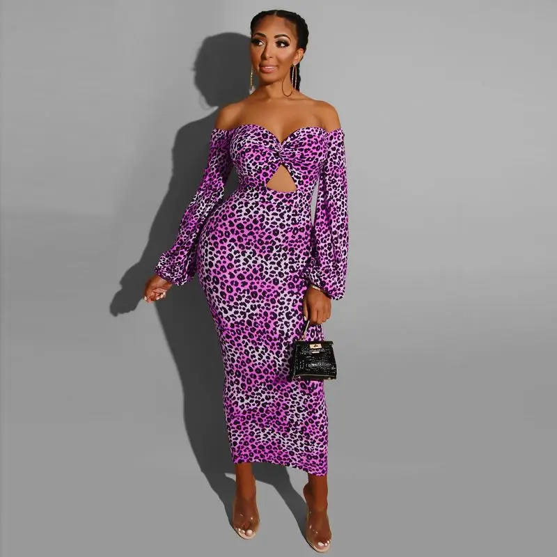 

Hot selling Off Shoulder fashion new design Chest Hollow printed leopard long sleeve woman Pencil dress