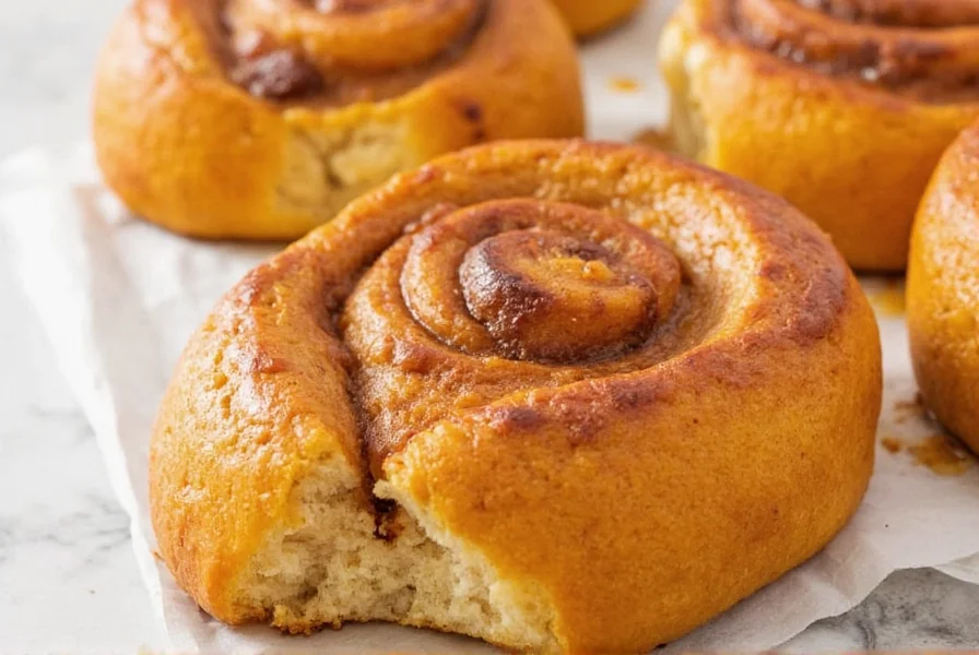 Step-by-step process of making pumpkin cinnamon buns showing dough preparation, filling application, and baking stages